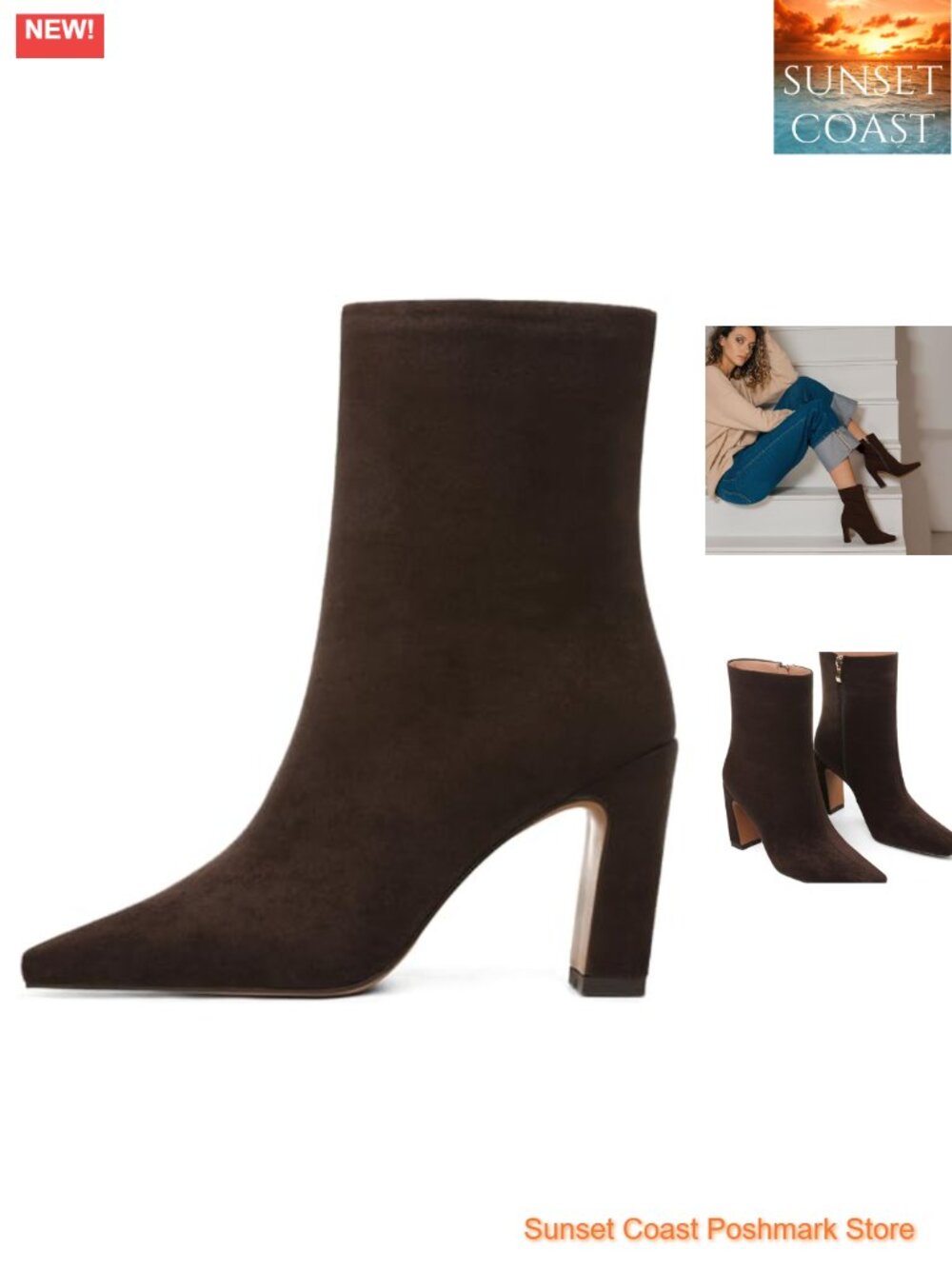 Square Toe Ankle Boots Chunky Block Heel 3.5" Side Zip Booties
